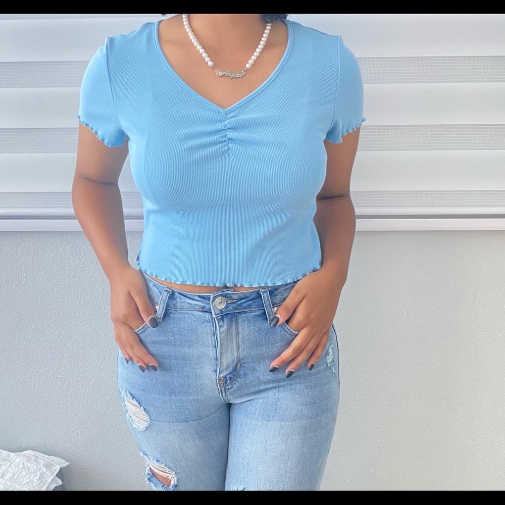 SHEIN drawstring Front Solid Tee, Light Blue, Medium